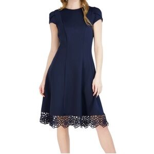 Donna Ricco Navy Blue Dress w Cutout Lace Eyelet Detail Wedding Guest Cocktail